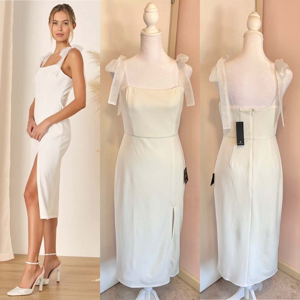 Lulus Romantic Celebration White Tie-Strap Bodycon Midi Dress - Picture 15 of 15